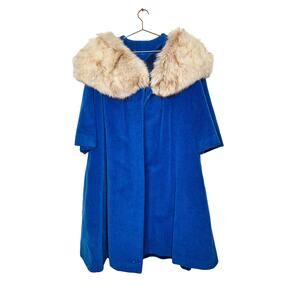 Vintage WORUMBO Blue 100% Virgin Wool Fur Collar Coat A-Line Jacket